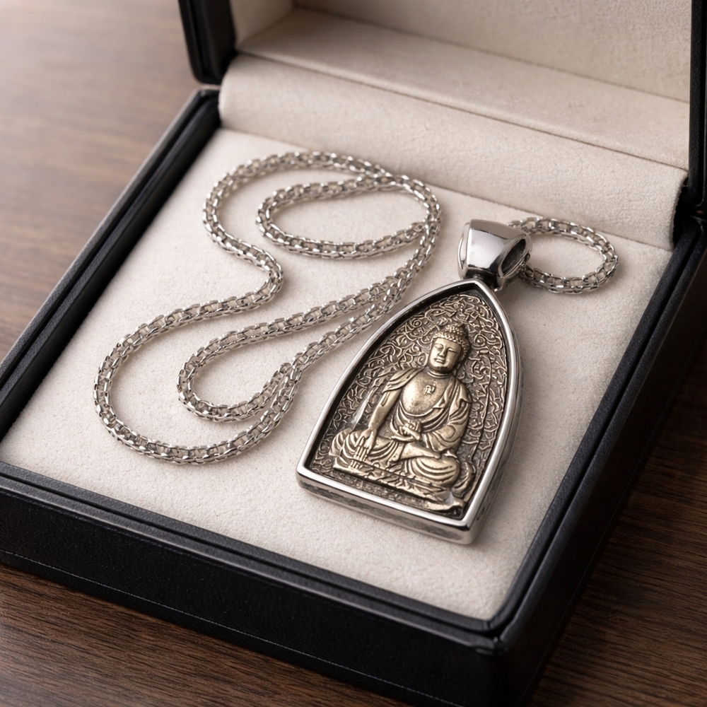 Sterling Silver Buddha Pendant Necklace - Silver